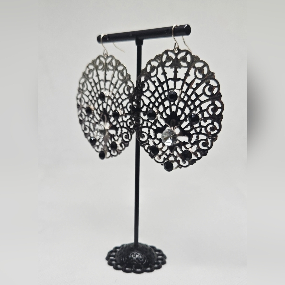 Black Filigree Statement Earrings with Rhinestones – Vintage Gothic Style